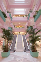 Fototapeta premium Pastel pink multi-level shopping mall interior with escalators, potted plants, and geometric floor design