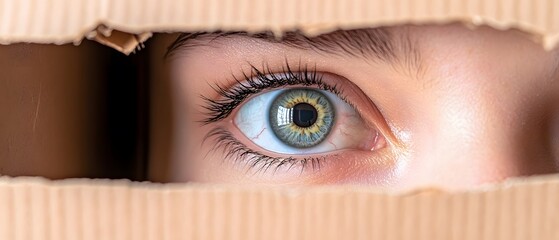 Closeup Eye Peeking Through Cardboard Hole