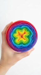 Hand holding a ball of rainbow yarn, Hand on white background
