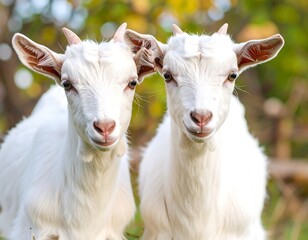 Fototapeta premium Two adorable, white baby goats gaze directly at the camera, their innocent expressions and soft fur creating a heartwarming image of rural charm.