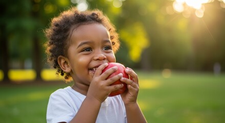 Fototapeta premium Joyful four-year-old eating a crisp red apple outdoors on sunny day, summertime snack