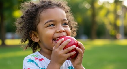 Fototapeta premium Joyful Mixed-Race Child Enjoys a Red Apple Snack Outdoors on a Sunny Day