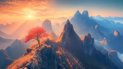 Majestic Sunset Over Autumnal Mountains with Lone Tree