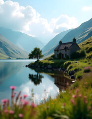 Naklejka premium HDR Landscape of Wildflowers, River, and Mountain Heights