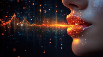 Woman's lips speaking digital data