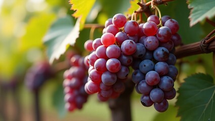 Ripe red grapes on vine with vineyard.