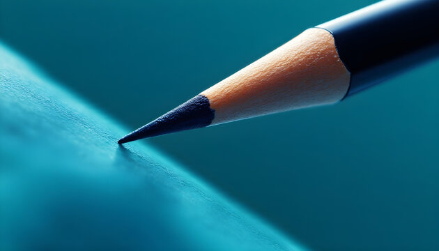 Extreme close-up of a sharpened pencil tip on a blue surface
