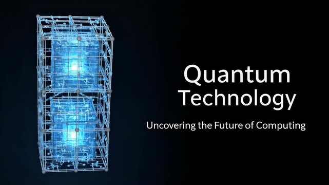 Quantum Computing Future Technology - Futuristic abstract illustration of quantum technology, depicting glowing blue cubes within a network structure.