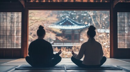 Couple in a traditional Korean home meditating while dressed in winter wear.