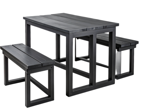 Industrial Metal Table and Bench Trio, isolated on transparent background PNG