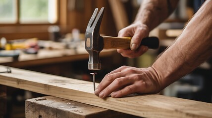 Carpenter hammering nail into wood surface, conveying craftsmanship, hard work, and building skills.
