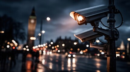 Security cameras monitoring traffic near big ben in london at night