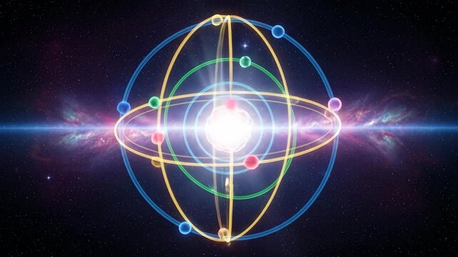 Glowing Atom Model in Space - A stylized atom model with concentric energy shells and radiating light is depicted against a cosmic backdrop of stars and nebulae.