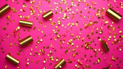 Festive Gold Confetti and Streamers on Pink Background