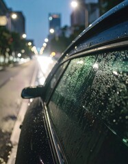​A rain-slicked car window reflects city lights on a moody night.