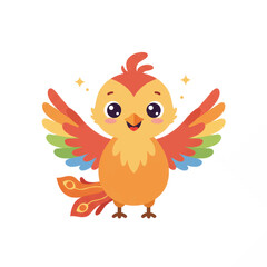 Adorable cartoon phoenix with vibrant rainbow wings and a happy sparkling expression.