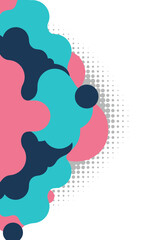 Dynamic abstract shapes in vibrant teal, pink, and navy with subtle halftone pattern