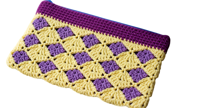 Handwoven bag templates handmade crochet clutch bag with diamond pattern isolated on transparent background