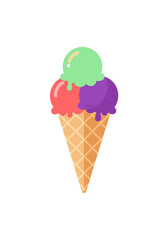 Delicious triple scoop ice cream cone bursting with colorful refreshing flavors on a white background