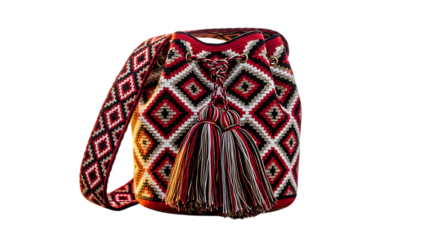 Handwoven bag templates woven shoulder bag with geometric pattern and tassels isolated on transparent background