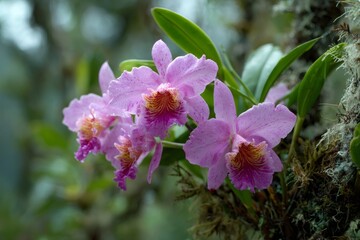 Obraz premium Beautiful pink orchids growing in rainforest habitat