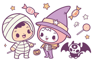 Kawaii Halloween Kids in Costumes with Candy and Bat Vector Illustration