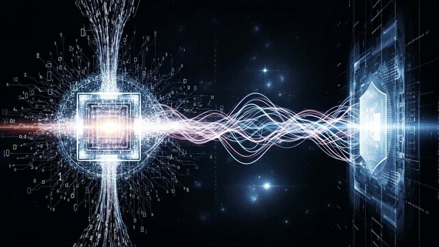 Quantum Data Flow and Security - A stylized illustration depicting data streams flowing between a quantum processor and a secure server, representing secure data transmission and processing.