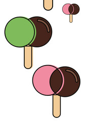 Delicious twin-scoop ice cream popsicles in vibrant green and pink flavors on sticks