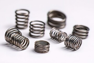 Close-up of a steel spring on a white background, with various sizes and shapes