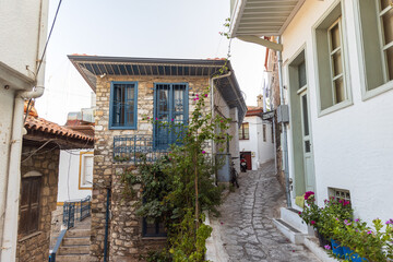 Stone buildings with blue white details in a narrow street, featuring flower pots