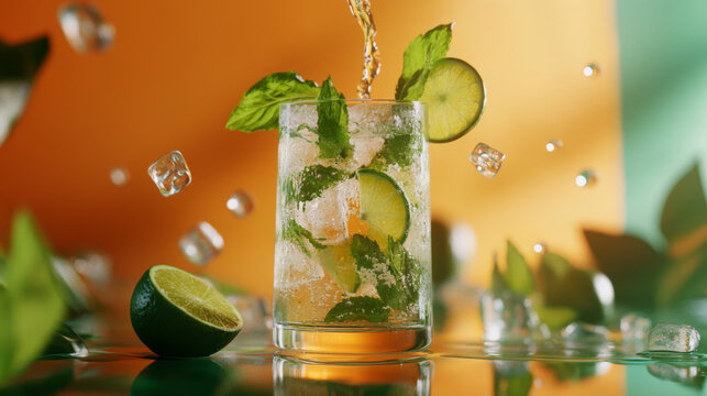 Icy mojito cocktail with lime, mint, and splashes