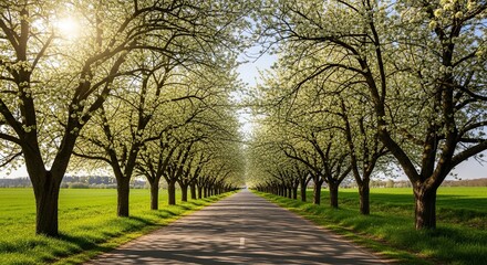 Fototapeta premium Beautiful Tree Lined Road in Full Bloom on a Sunny Spring Day