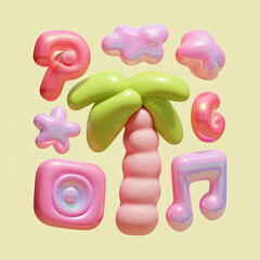 Naklejka premium 3D Abstract Palm Tree with Music Notes and Speaker on green background