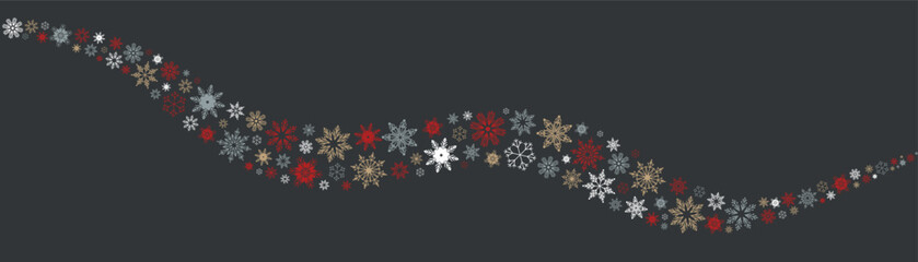 A festive snowflake garland in red, gold, silver, and white, arranged in a wavy pattern on a dark background. Perfect for Christmas banners, winter-themed invitations, website header.