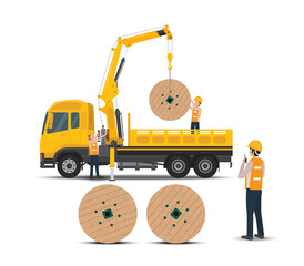 ํYellow truck with a crane is lifting a roll of wooden-wheeled cable, transporting electronic goods, against a white background, depicting transportation and logistics.