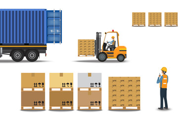 Workers are loading large boxes of goods into a container with a forklift on a white background. Vector illustration EPS 10.