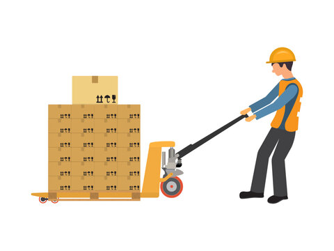 Fototapeta One worker is moving heavy boxes of goods by the hand pallet truck on white background. Vector illustration EPS 10.