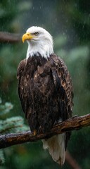 Majestic raptor perched on a branch in a rainy forest