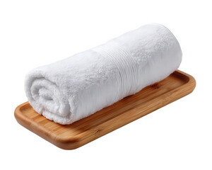 Rolled white cotton towel on wooden tray, soft texture, clean and fresh, home textile, spa or bathroom decor, relaxation and comfort, isolated on transparency background