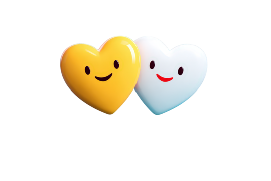 Cute Yellow and White Heart Characters with Smiling Faces on Transparent Background