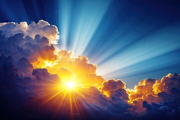 Dramatic sunset rays piercing through clouds