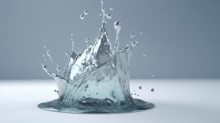 A dynamic water splash, centered on a light grey background