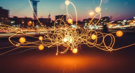 Abstract light trails over city, blurred background, evening scene