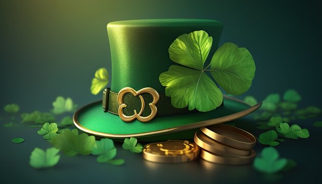 A festive emerald green top hat, adorned with golden clover and coins, rests on a bed of shamrocks