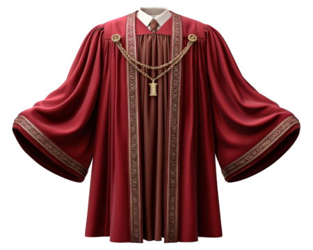 Red ceremonial robe with gold trim, ornate chain, and medallion, formal state attire for official events, elegant and traditional, symbolizing authority and prestige