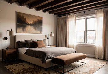 A sophisticated rustic bedroom featuring dark exposed ceiling beams, a comfortable bed with layered textiles, and a large window for a warm, inviting ambiance.
