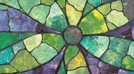 Abstract Stained Glass Mosaic Art,  Green Purple Hues