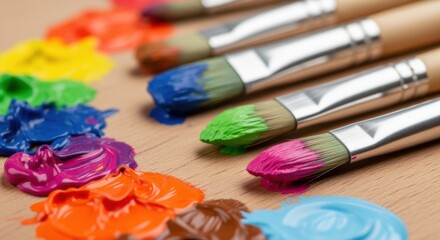 Obraz premium Close-up captures vibrant paintbrushes resting amongst colorful paint splatters on a wooden palette.