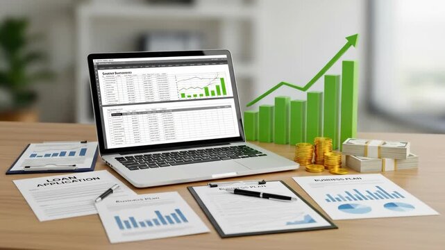 Small Business Loan Growth - A laptop displays financial data and a rising green graph, symbolizing business growth and success with loan applications and business plans on a desk with stacks of