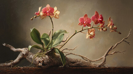 oil painting of an orchid plant, at the base two leaves, a golden branch with three flowers attached and a second natural branch with two flowers attached.